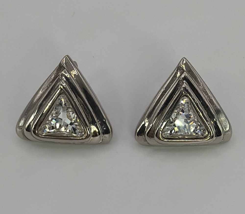 Vintage Swarovski Crystal Silver Tone Triangle Clip On Earrings Geometric Studs